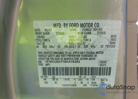 2008 Ford Escape Xlt z USA, uszkodzony, nr VIN 1FMCU03178KA76252